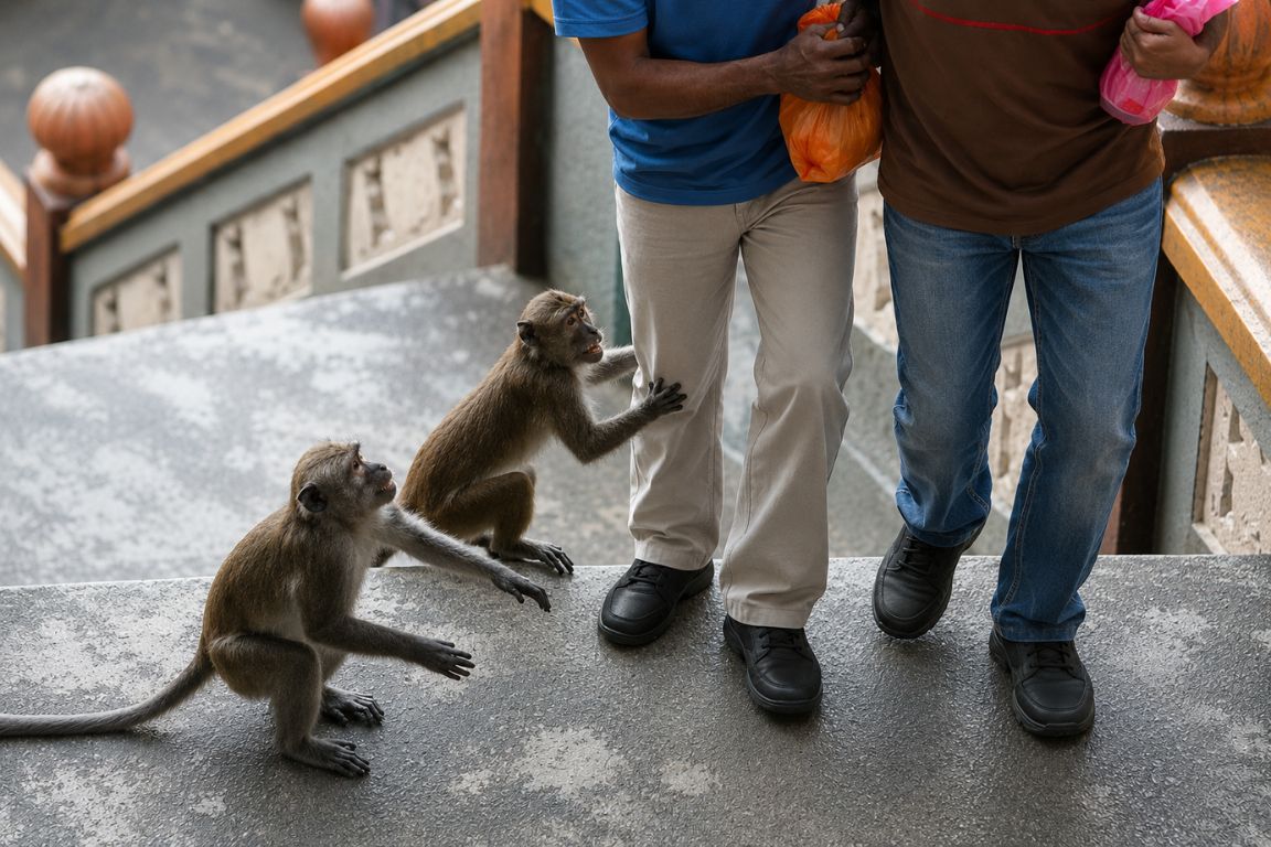 Macaca fascicularis monkeys approaching visitors on the Batu Caves staircase during a guided tour with Batu Caves Tours