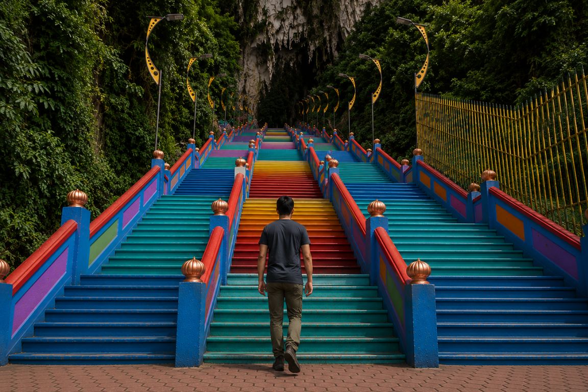 Iconic rainbow-colored steps of Batu Caves in Kuala Lumpur visited during a guided tour with Batu Caves Tours