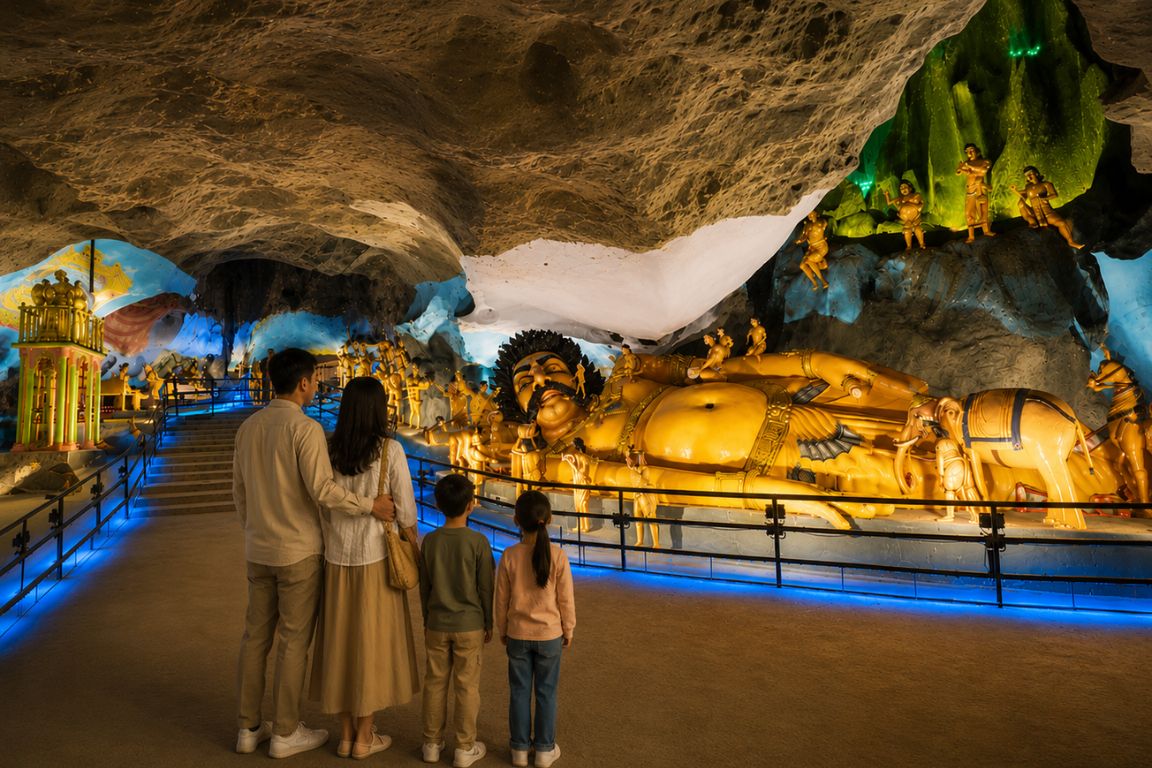 Family exploring the colorful Ramayana Cave at Batu Caves during a guided cultural tour with Batu Caves Tours in Malaysia
